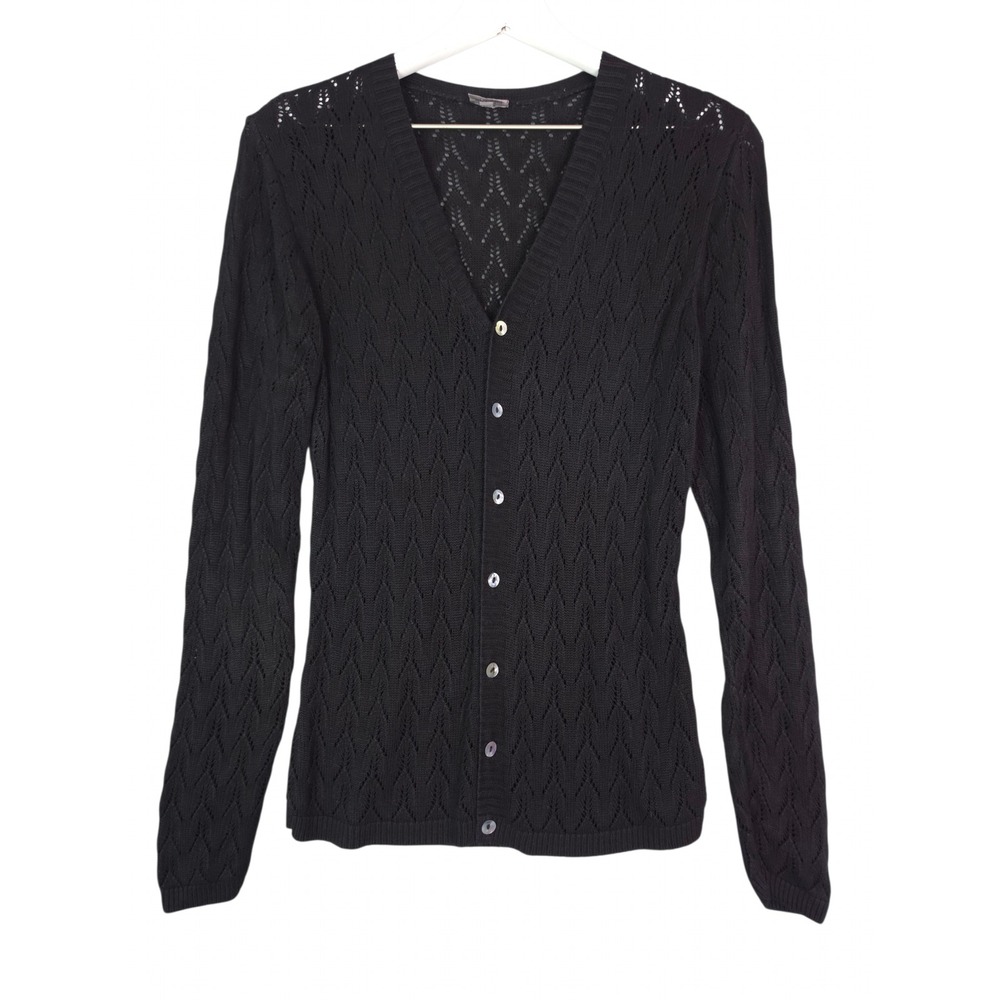CP Shades Pointelle Cardigan Women Small Black Rayon V-Neck Button Front Sweater